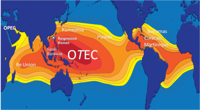 Zones suitagle for OTEC