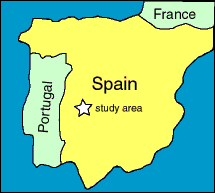 Generalized map of the Iberian peninsula indication location of study area in western Spain.