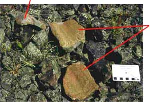 Close up photo of surface of the smelter slag dump showing pieces of weathered and rounded Roman roof tiles.