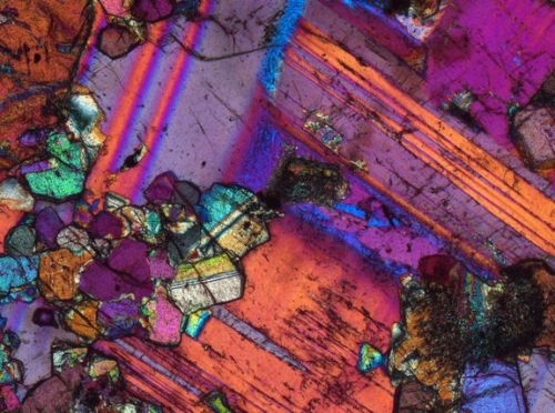 thin section of rock in polarised light