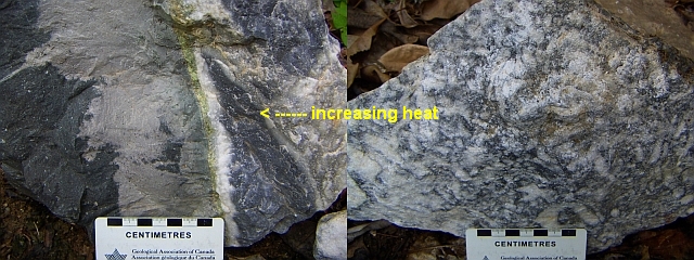 right to left limestone transformed to marble with calcsilicates on contact with dolerite